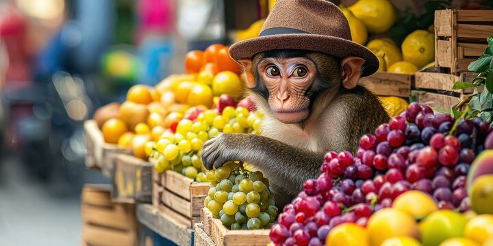Monkey with a hat at a fruit stand. AI.