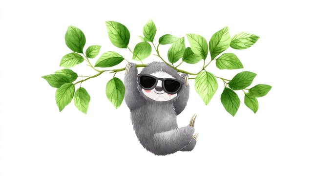 Relaxed Sloth in Sunglasses Hanging from Branch - Watercolor illustration of a cute sloth wearing sunglasses and hanging from a tree branch. Symbolizing relaxation, tranquility, nature, summer