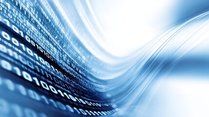 Abstract representation of flowing binary data in a digital landscape with a blue gradient background