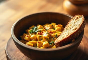 Warm, rustic wooden bowl with crispy whole-grain toast, Tofu Scramble, and fresh parsley