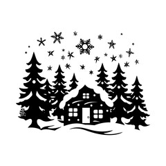 Cozy Winter Cabin Silhouette with Snowflakes