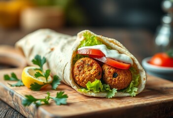 A crispy falafel wrap with creamy tzatziki sauce and fresh vegetables