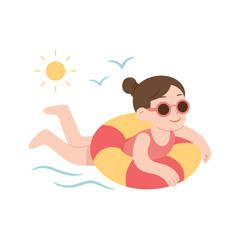 A girl in a swimsuit and sunglasses floats happily on a swim ring in the water under the sun. This cartoon-style image radiates a relaxed summer vibe. Vector isolated on white.