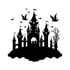 Fairy Tale Castle Silhouette with Flying Dragon