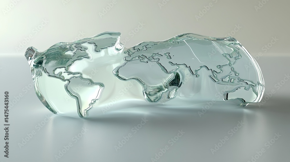 Poster abstract depiction of a shattered glass globe revealing a fragmented world map. rendered with a grad