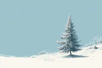 A solitary snow-covered pine tree on a snowy hilltop.
