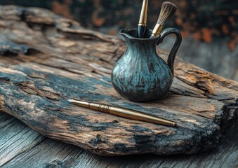 Rustic still life of art supplies paintbrushes in a ceramic pitcher on weathered wood