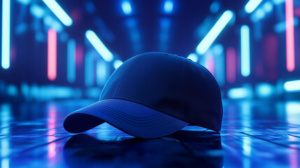 A navy blue cap levitating in a futuristic neon-lit environment, with soft shadows adding realism.
