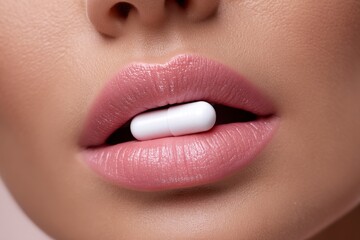 Fototapeta premium Close-up view of glossy pink lips holding a large white pill, showcasing vibrant beauty and intriguing contrasts in an artistic manner