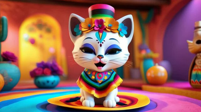 Kitten in Mexican Dress: "A kitten with big eyes, dressed in traditional Mexican dress with bright colors, poses in front of a colorful Mexican market, with a joyful atmosphere.