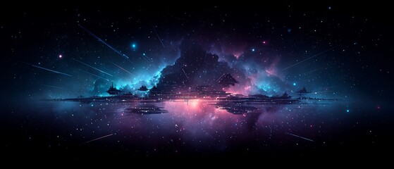 Fototapeta premium Celestial Metropolis: A Cosmic Cityscape with Reflective Galaxy Surface