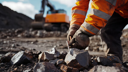 Fototapeta premium Miner Examining Rocks at a Construction Site