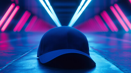 A navy blue cap levitating in a futuristic neon-lit environment, with soft shadows adding realism.