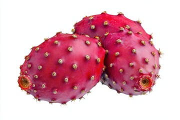 Three prickly pear fruits are displayed against a white background in a close-up shot