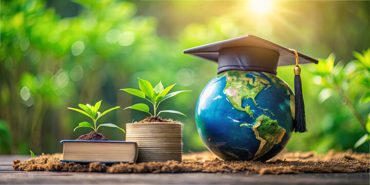 Graduation caps adorn a globe symbolizing knowledge while young plants grow nearby. A book lies open next to a pot, highlighting a blend of education and nature at sunrise