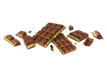 Crushed Dubai chocolate in the air. Dubai chocolate is made with pistachio paste and kadayif