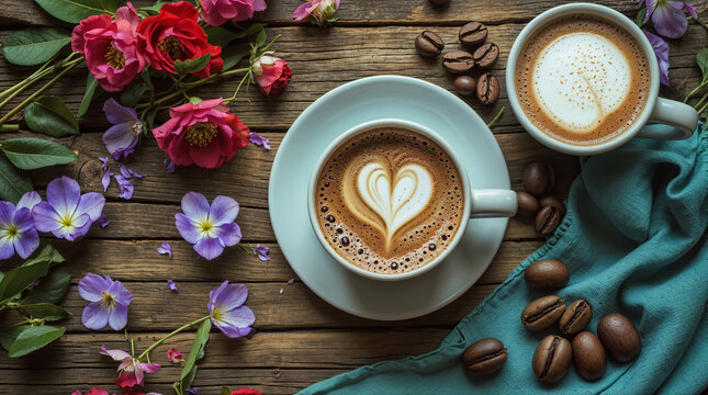 Coffee with latte art on a wooden table with flowers and coffee beans