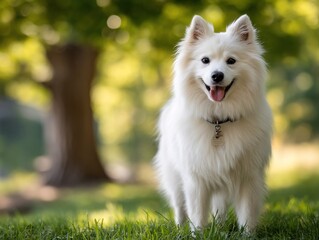 Smiling white dog stands in sunny park