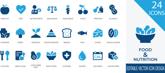 A clean and modern icon set focused on healthy eating and balanced nutrition. fruits, proteins, vitamins, food pyramid, meal plans, and more. Perfect for diet apps, health blogs and nutritionist use.