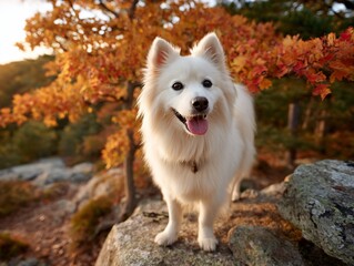 Fototapeta premium Snowy dog posing among colorful autumnal foliage