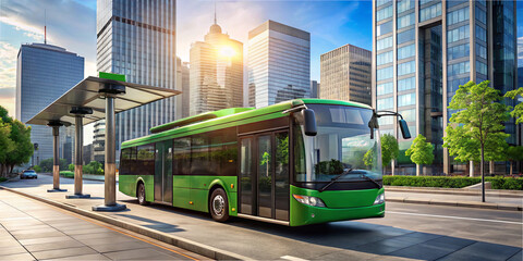 Obraz premium A vibrant green bus sits at a city transit stop as sunlight illuminates the skyline of modern buildings. The urban environment is lively and inviting, perfect for commuters