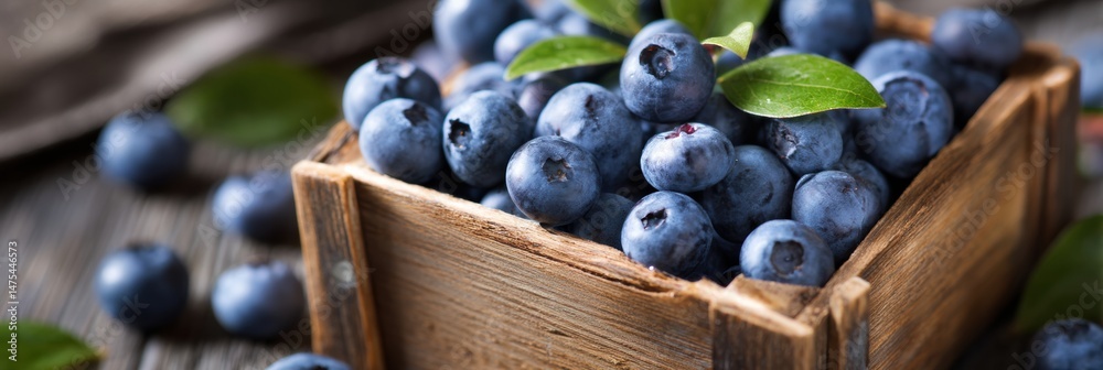 Poster Fresh Blueberries in a Rustic Wooden Box With Soft Blurred Background Showcasing Natures Bounty at a Local Market