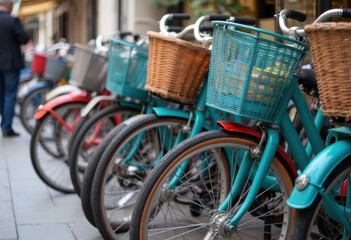 Colorful bicycles lined up on a city street, showcasing vibrant baskets