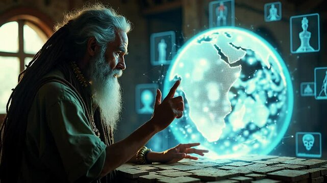 Wise elder interacts with ancestral database in a sacred techno hut made of holographic mud bricks