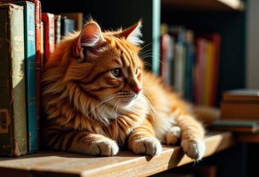 A fluffy orange cat lounging on a wooden shelf beside books