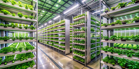 This indoor vertical farm features neatly arranged rows of vibrant green plants growing under bright LED lights. The structure is designed for efficient urban agriculture with high-tech solutions