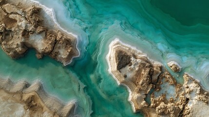Aerial view of salt formations creating intricate patterns in the turquoise water of the dead sea .