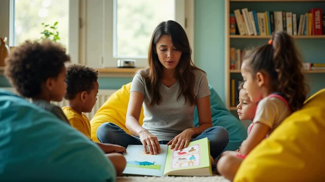 Kids engage with colorful storytelling during reading session in cozy classroom