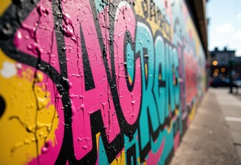 Colorful graffiti mural with vibrant pink, blue, and yellow hues on a city wall