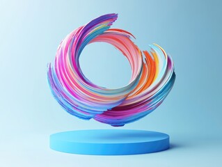 Vibrant, swirling paint forms a colorful ring on a blue platform against a light blue background