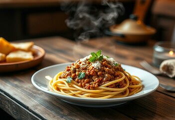 Rustic wooden table with steaming hot plate of Lentil Bolognese and spaghetti
