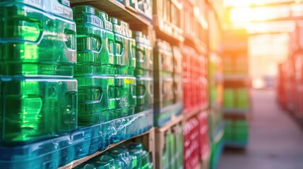 Colorful beverage containers in natural light on warehouse shelves