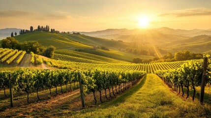 Fototapeta premium A beautiful vineyard landscape bathed in warm golden sunlight