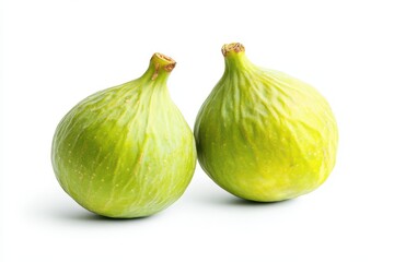 Obraz premium Two green figs are displayed against a stark white background in a studio setting