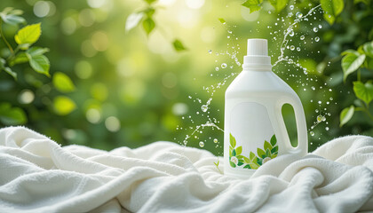 A white bottle of eco-friendly laundry detergent sits on a soft fabric surrounded by vibrant green foliage. The sunlight creates a serene atmosphere, highlighting the product