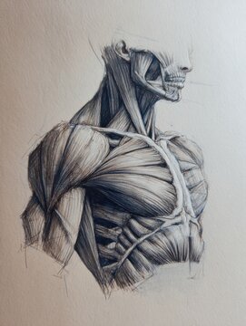 Anatomical Muscle Drawing Over Soft Neutral Background Showcasing Human Muscular Structure and Details of Anatomy