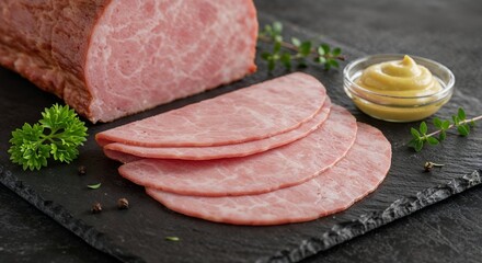 Sliced ham with mustard on a black slate board  
