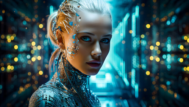 Futuristic female cyborg portrait with intricate cybernetic details and glowing elements. AI, robotics, and advanced technology concept for a sci-fi vision. Cyborg 4K Wallpaper backgrounds