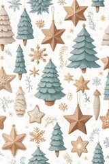Christmas Tree and Star Ornaments with Snowflake on White Background