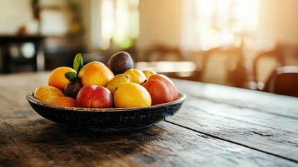 Colorful assortment of fresh fruits in a bowl on a wooden table