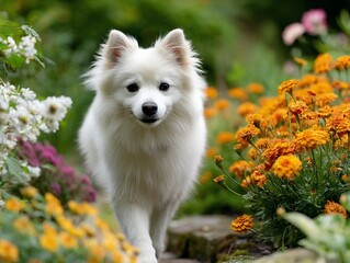 White spitz in a blooming garden