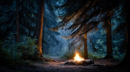 campfire in a dark forest at night