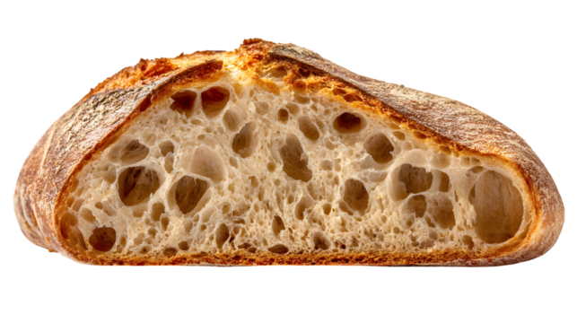 A crumb of artisanal sourdough bread, showcasing its airy internal structure and crisp crust, extreme close-up, isolated on white.