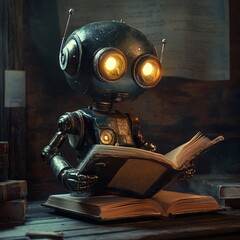 Fototapeta premium Vintage robot reading a book in old library with moody lighting and retro charm.