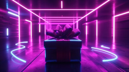 A beautifully wrapped gift box with a ribbon, illuminated by vibrant neon lights in a futuristic hallway