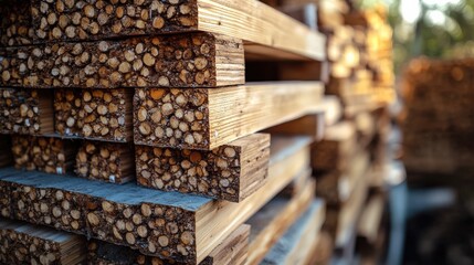 Stacked wooden planks with textured surfaces in natural lighting